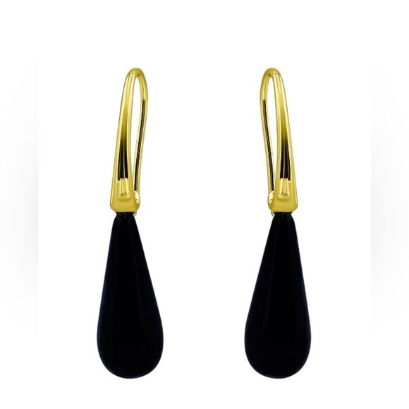 Macy's 14K Gold Plated Genuine Onyx Stone Teardrop Earrings - Picture 1 of 9
